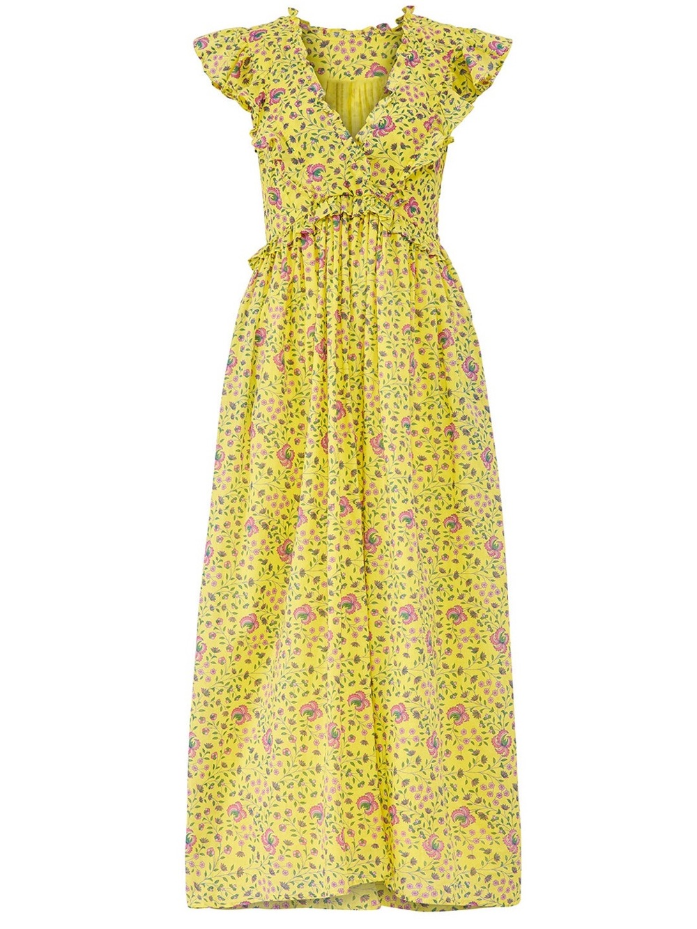 Banjanan Yellow Floral Maxi Dress with Ruffle V-Neck